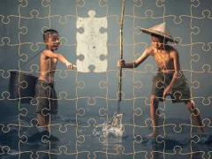 Children Fishing Teamwork Jigsaw — free online game